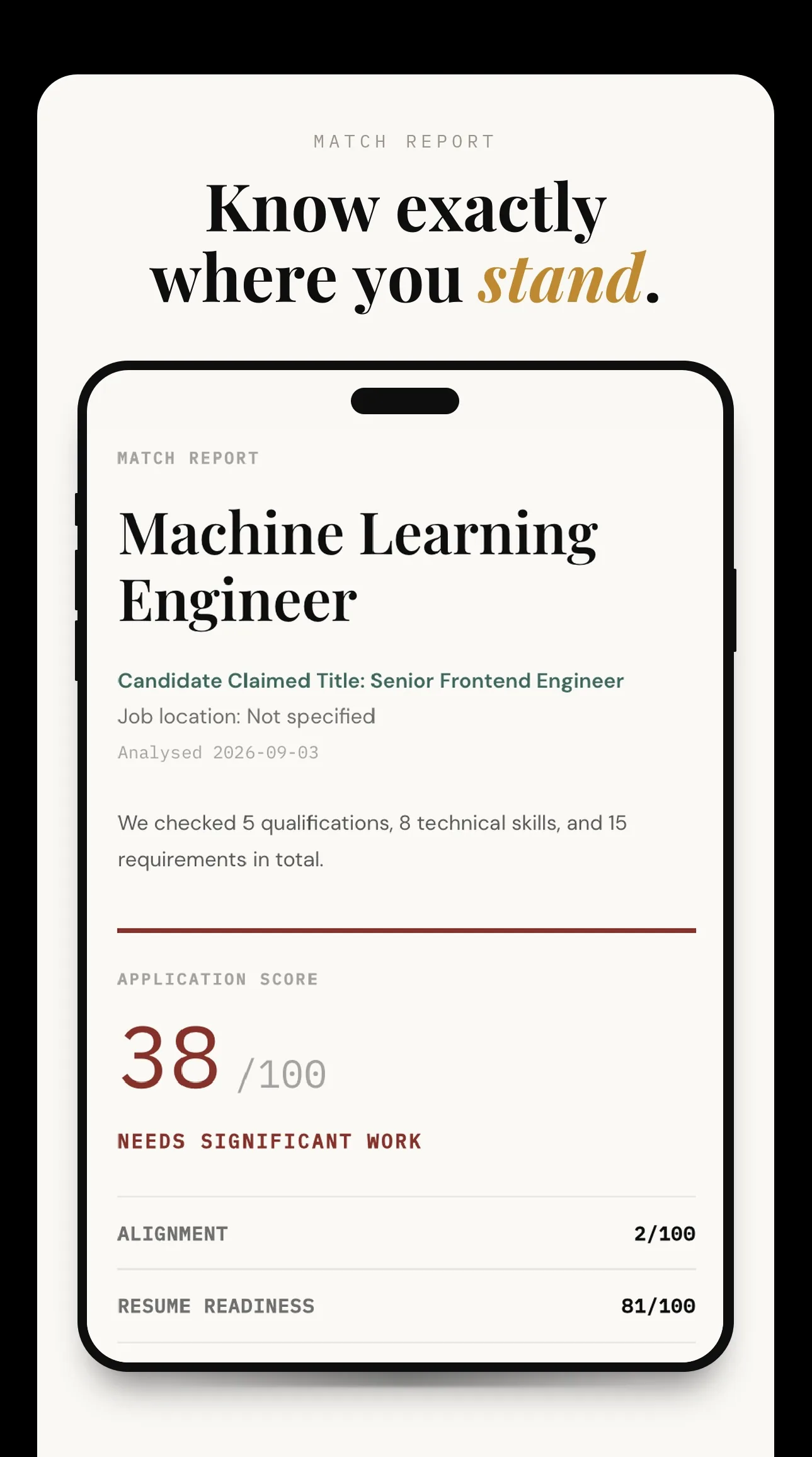 Qilpa Job Match report showing an application score with alignment and readiness sub-scores