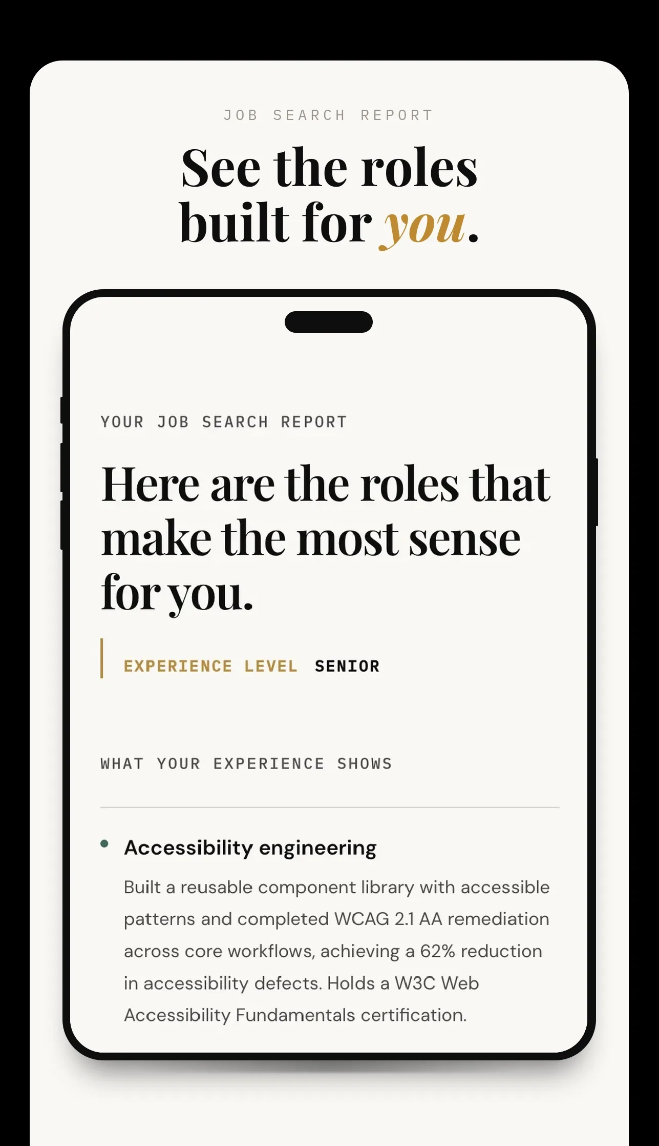 Qilpa Career Strategist report showing recommended roles based on experience
